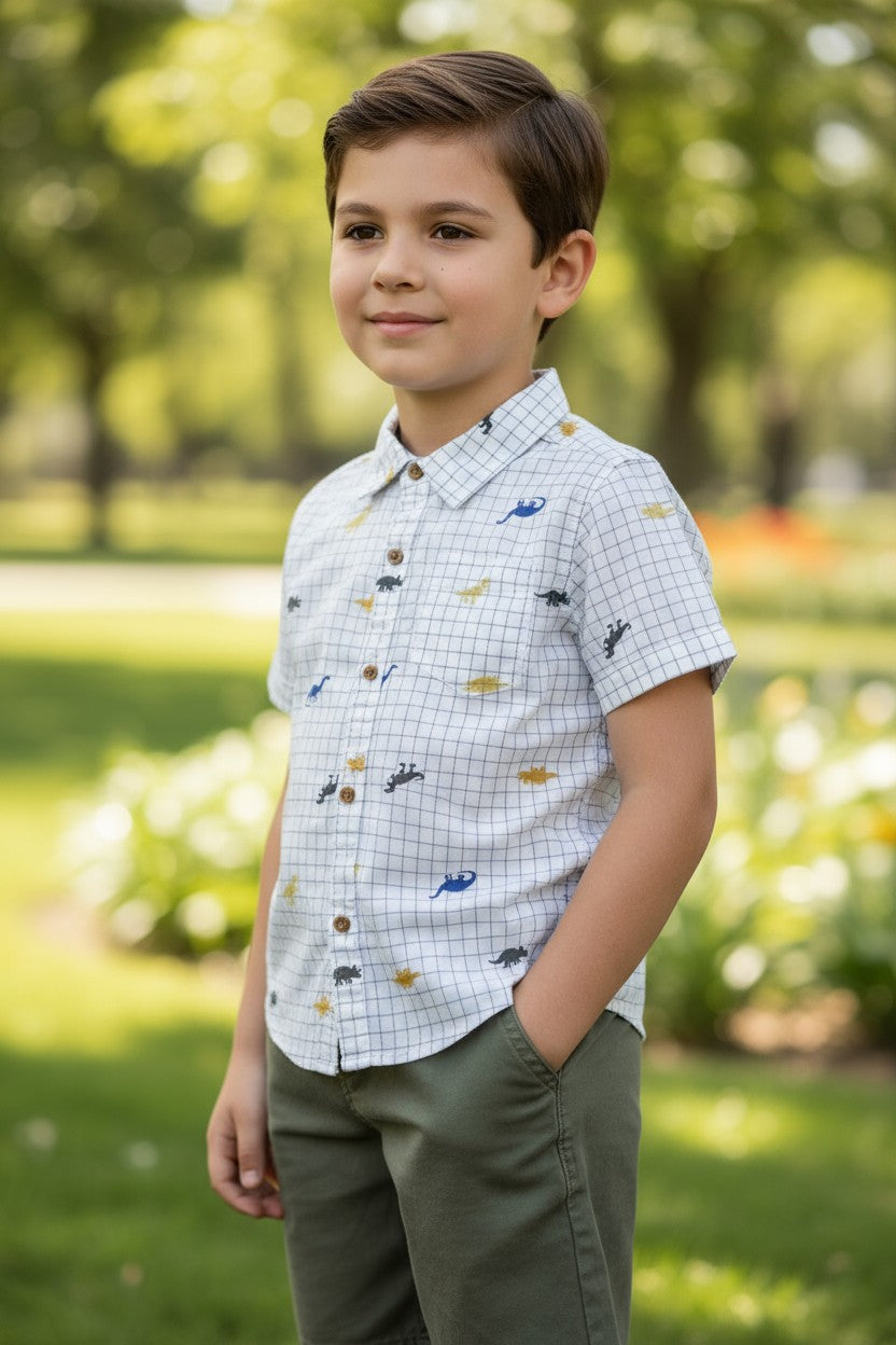 Kids Headquarters Boys 2-Piece Set – Dinosaur Print Shirt & Olive Shorts (5Y)