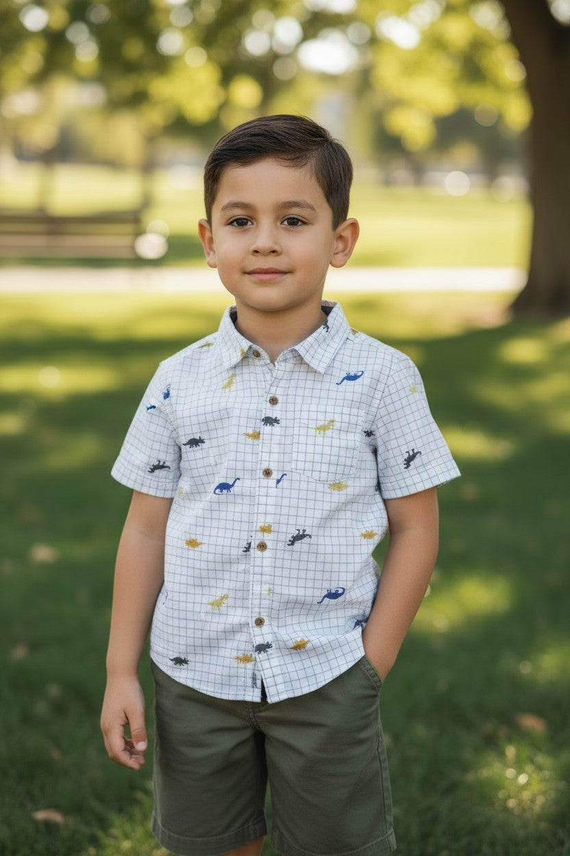 Kids Headquarters Boys 2-Piece Set – Dinosaur Print Shirt & Olive Shorts (5Y)