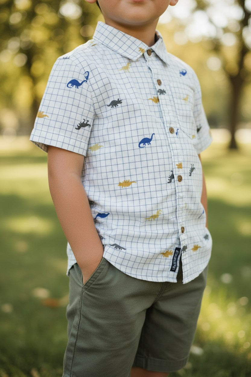 Kids Headquarters Boys 2-Piece Set – Dinosaur Print Shirt & Olive Shorts (5Y)