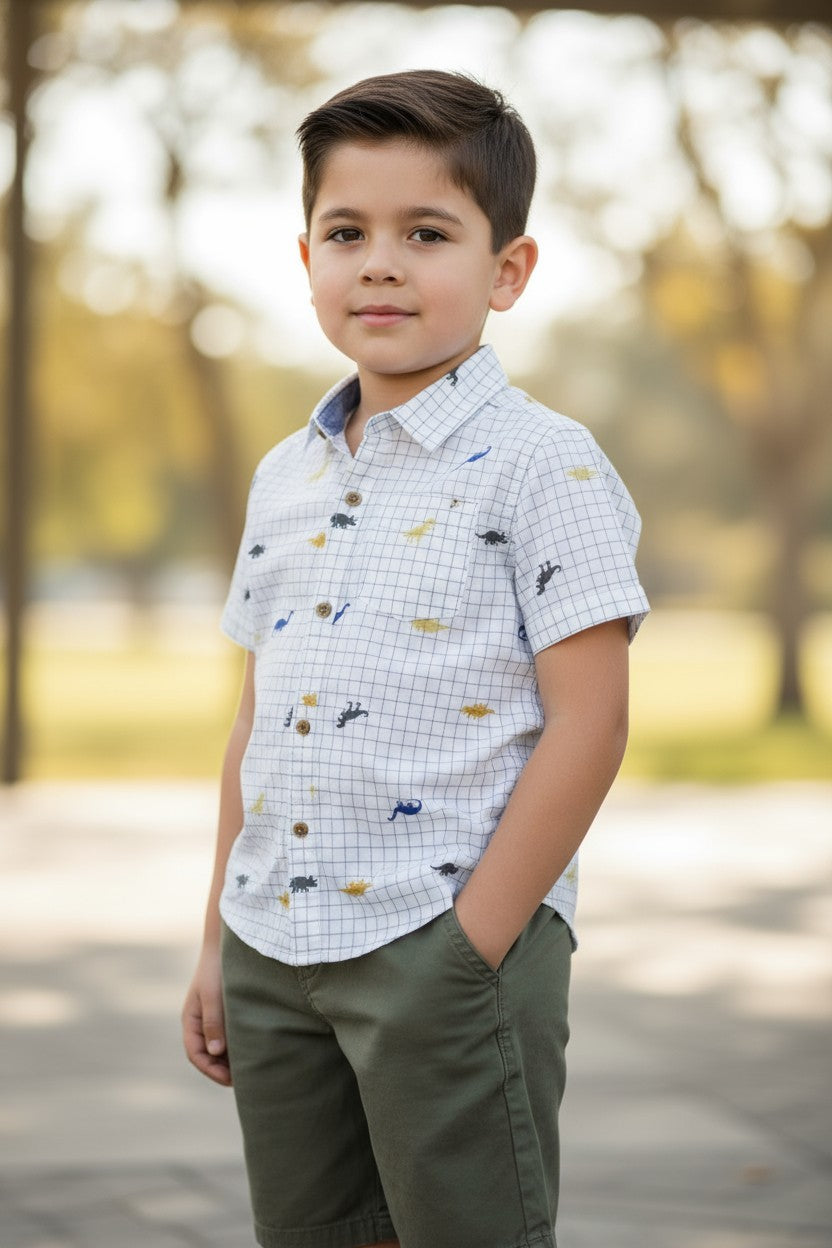 Kids Headquarters Boys 2-Piece Set – Dinosaur Print Shirt & Olive Shorts (5Y)