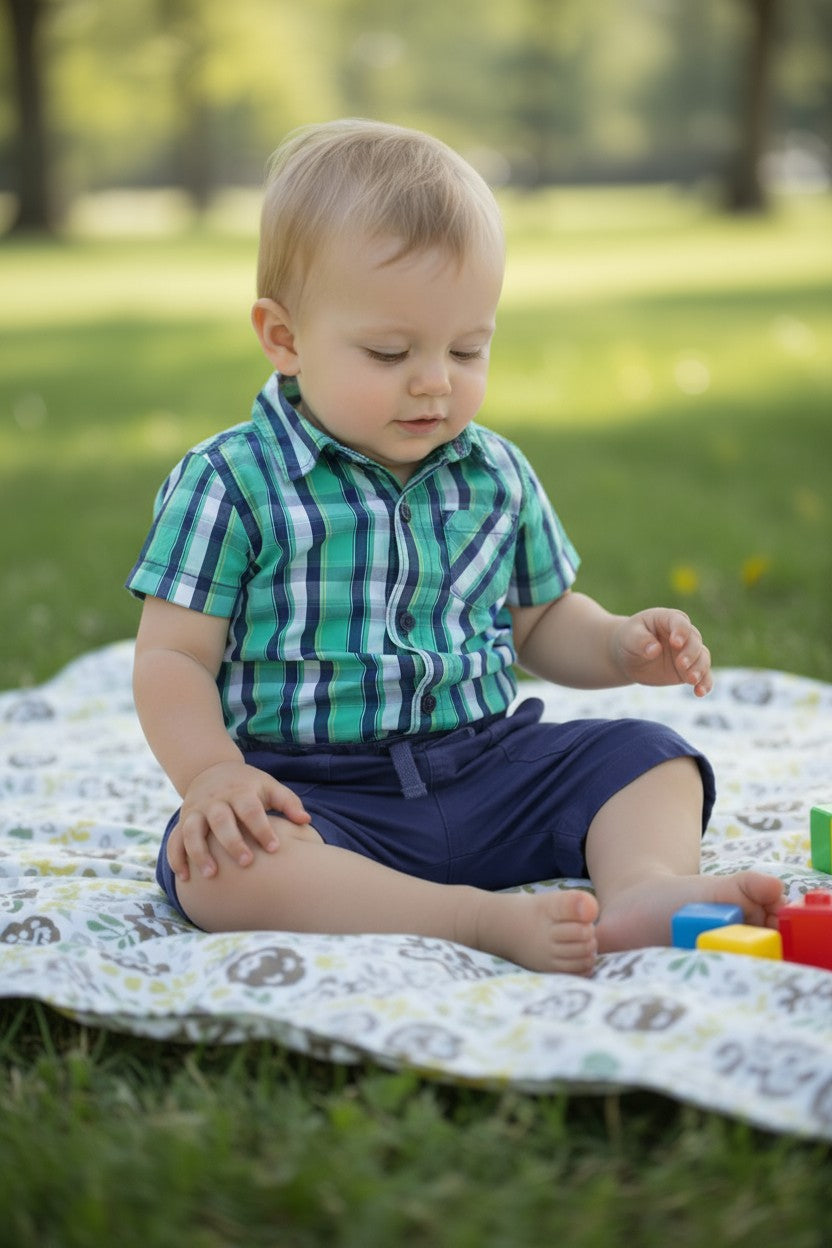 Carter’s 3-Piece Baby Boy Outfit Set – Plaid Shirt, Navy Shorts & Bodysuit (9M)
