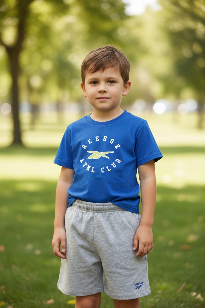 Reebok Boys’ 2-Piece Set (7Y) – Blue Logo Tee & Grey Shorts