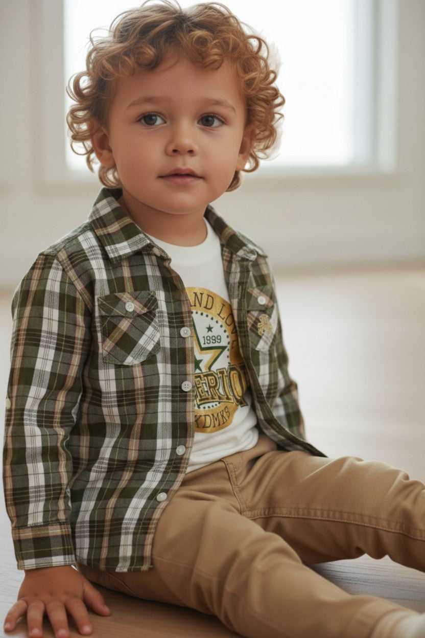 Akademiks Baby Boys 3-Piece Outfit Set – Plaid Shirt, Graphic Tee & Khaki Pants (18M)