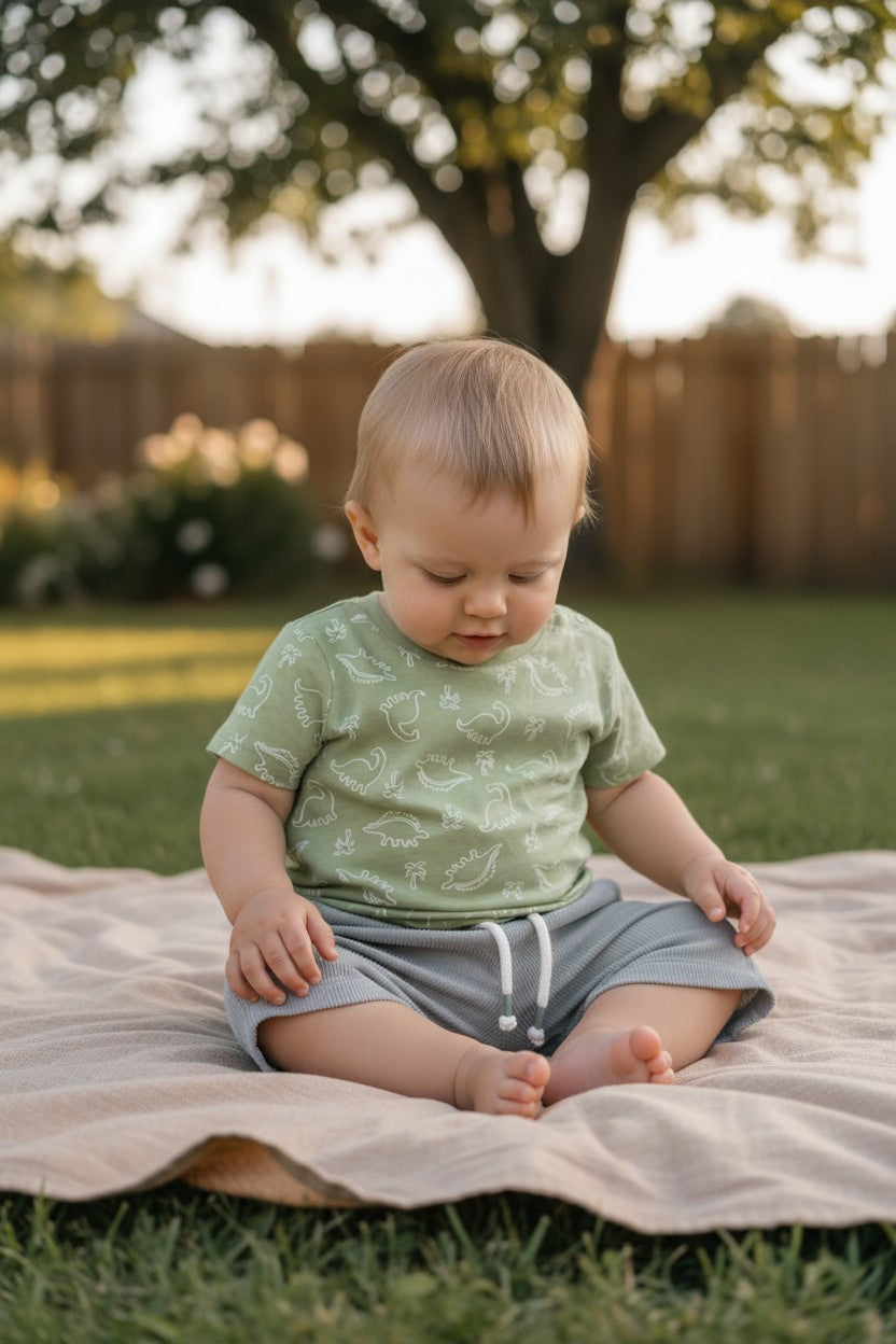 Little Lad 4-Piece Toddler Boy Outfit Set – Dino & Striped Tees with Shorts (24M)