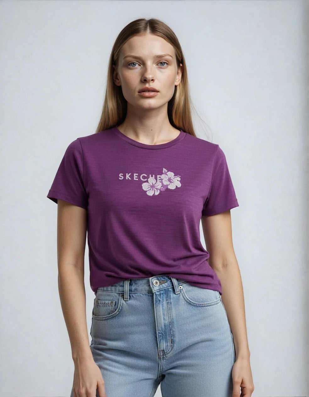 Skechers Women’s Purple Graphic T-Shirt – Casual Everyday Comfort