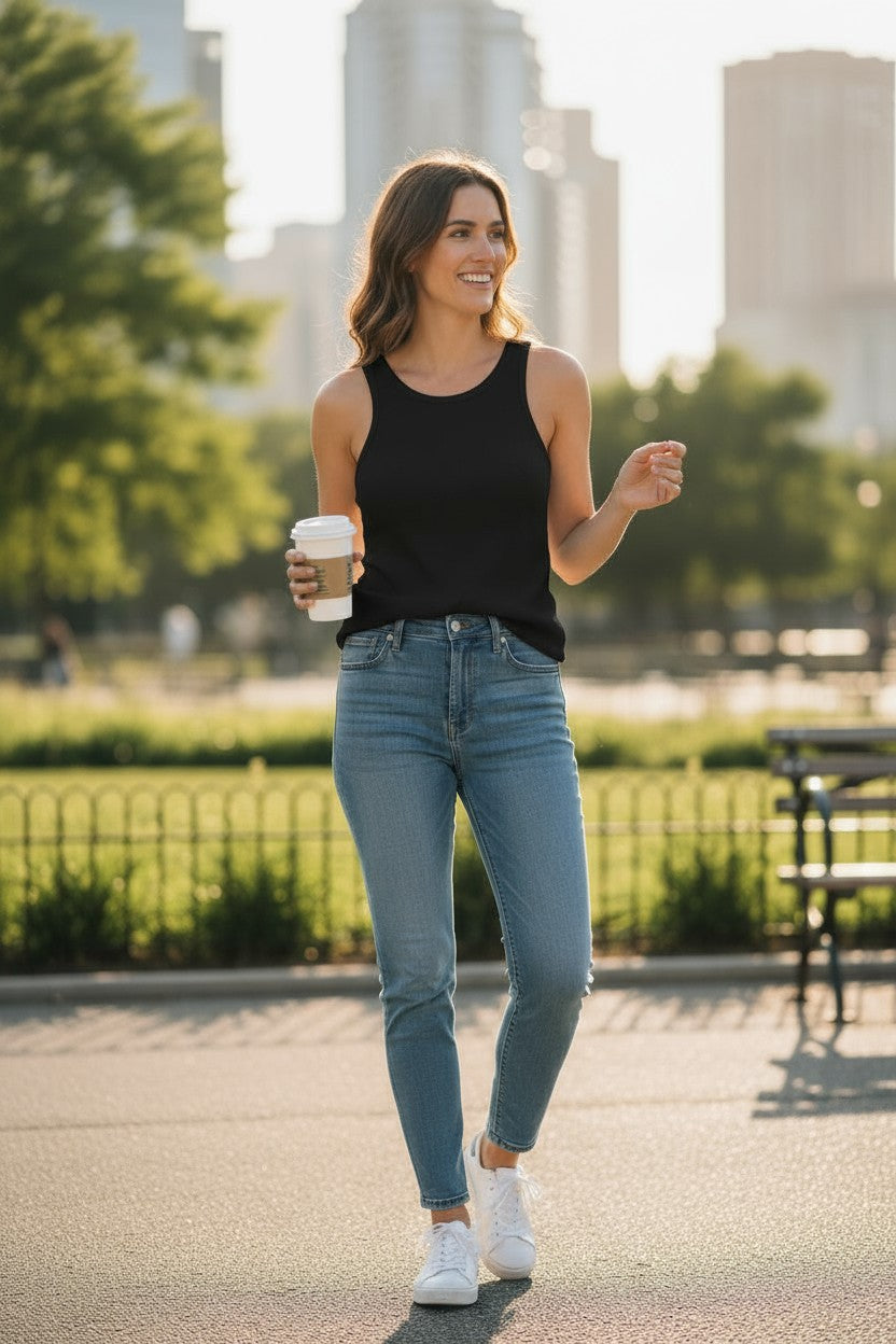 Vine and Valley Essentials Women’s 3-Pack Ribbed Tank Tops – Gray, White & Black (Size L)