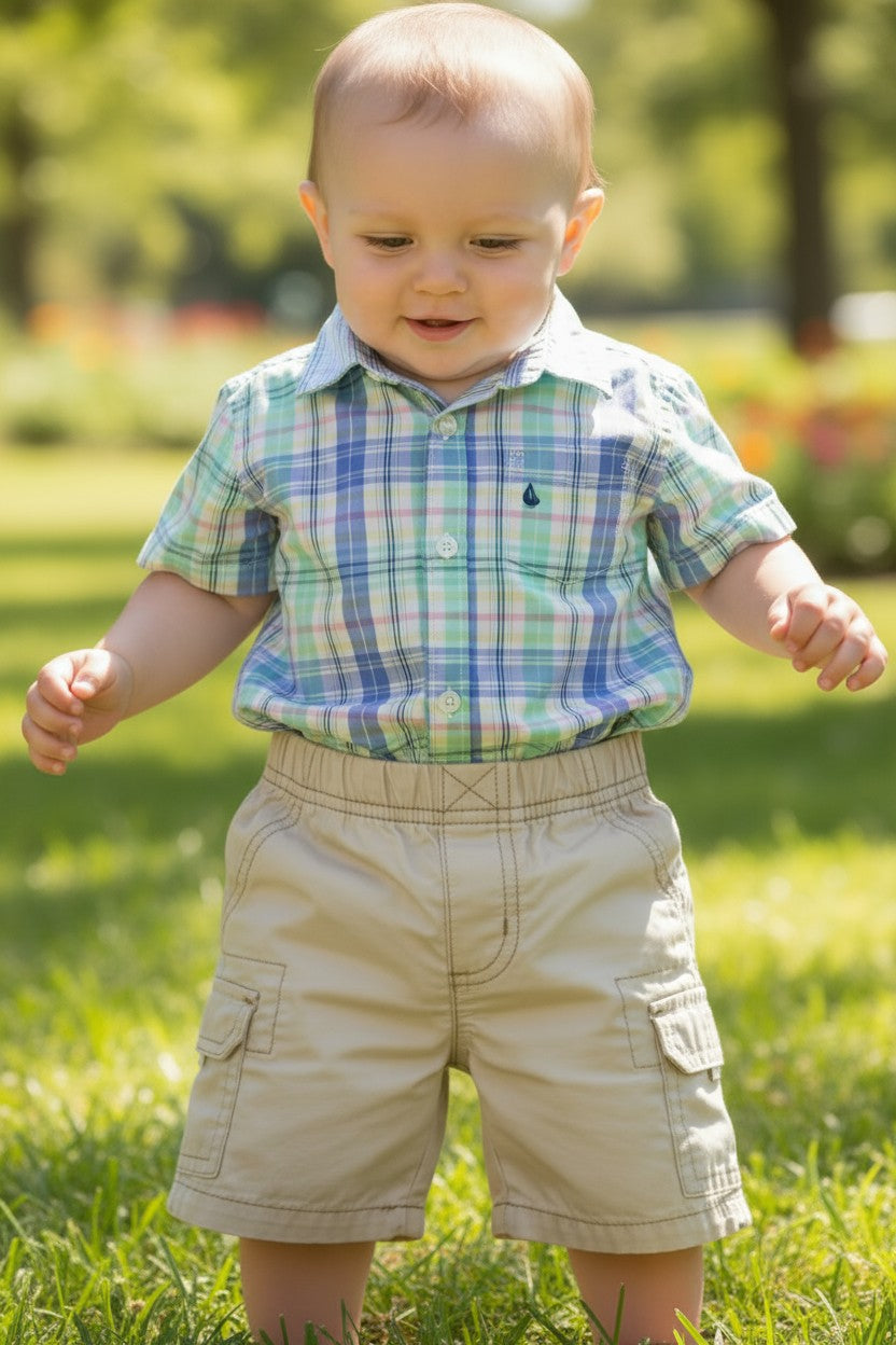 Carter’s Baby Boys 2-Piece Plaid Shirt & Cargo Shorts Set – 18M
