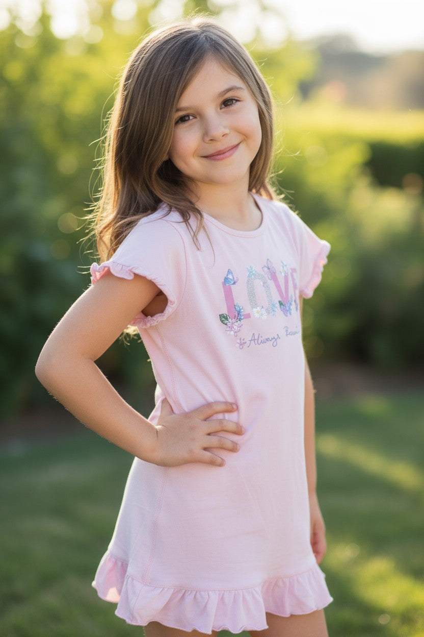 Spoiled Angel 2-Piece Girls Nightgown Set – Butterfly & Daisy Print / Pink “LOVE” Dress (6X)