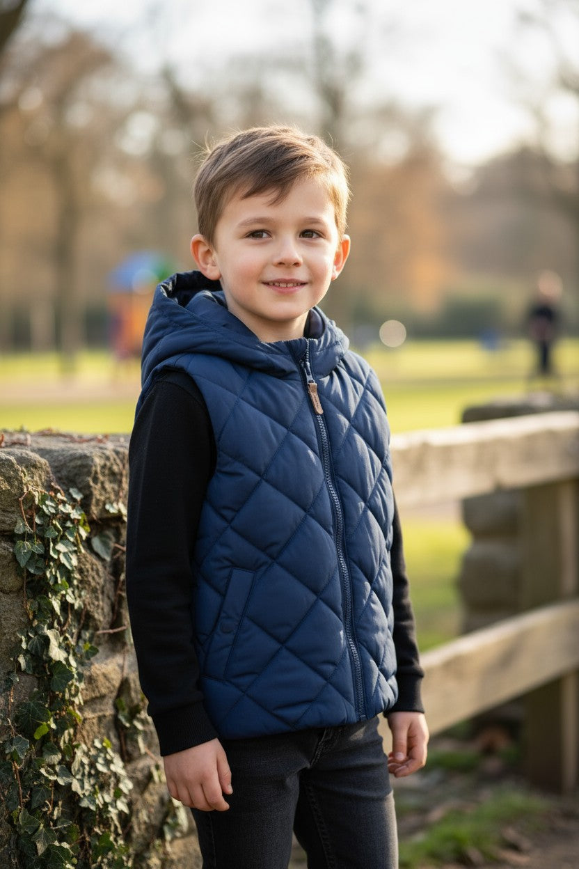 H&M Kids Quilted Hooded Vest – Navy Blue Puffer Sleeveless Jacket (Size 4Y)