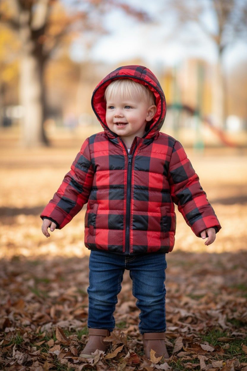 Epic Threads Toddler Boys’ Puffer Jacket – Red & Black Buffalo Plaid Hooded Coat (Size 3T)