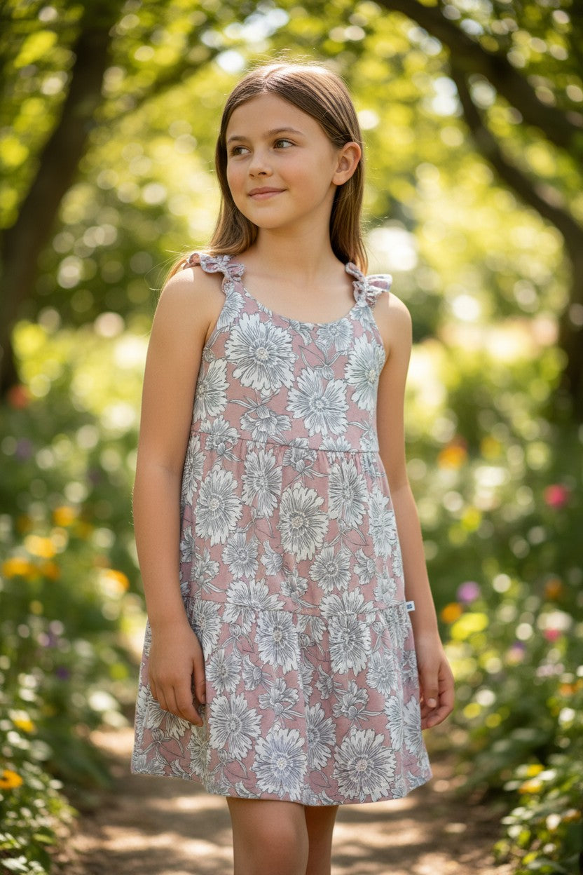 Rabbit + Bear 2-Piece Girls Dress Set – Pink Tiered Dress & Floral Print Dress (8 Years)