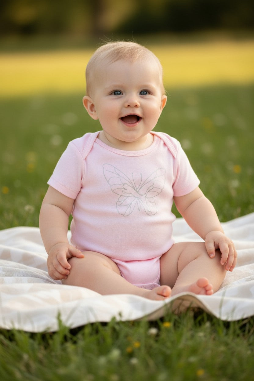 PUMA Baby Girl Short Sleeve Bodysuit – 12 Months (Pink Butterfly Logo)