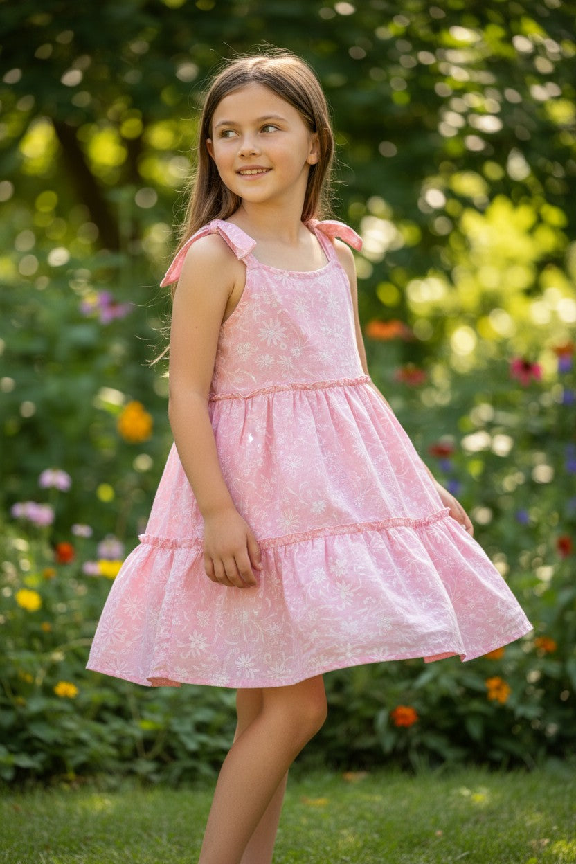 Rabbit + Bear 2-Piece Girls Dress Set – Pink Tiered Dress & Floral Print Dress (8 Years)