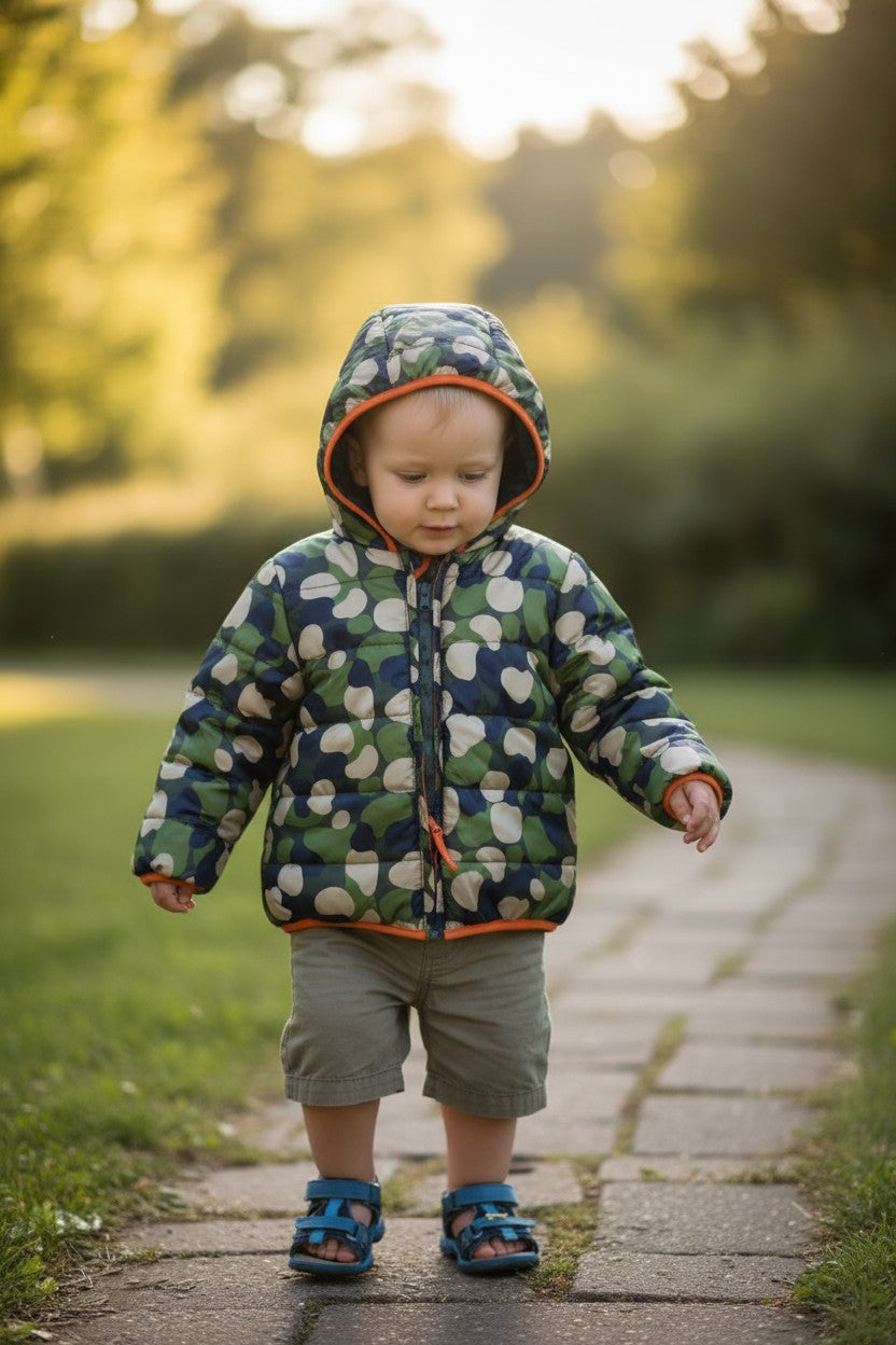Epic Threads Toddler Boys’ Puffer Jacket – Green & Blue Leaf Print Hooded Coat (Size 2T)