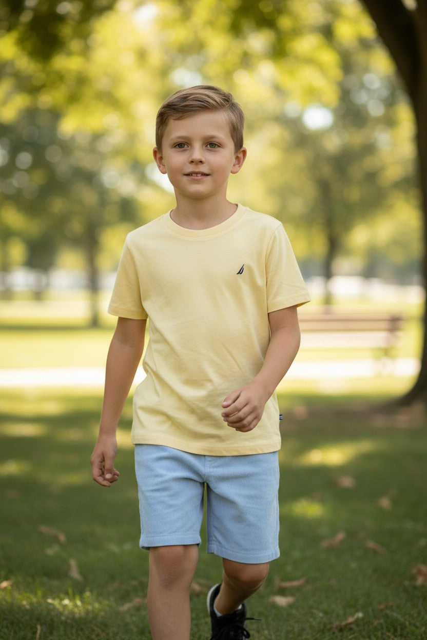 Nautica Boys 3-Piece Set (6Y) – Yellow Tee, Striped Shirt & Blue Shorts