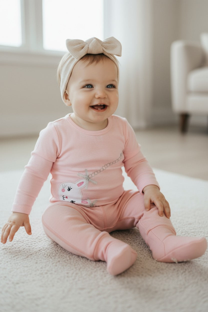 Duck Duck Gooso Baby Layette 3-Piece Set with Hat – Pink Bunny Design (6–9 Months)