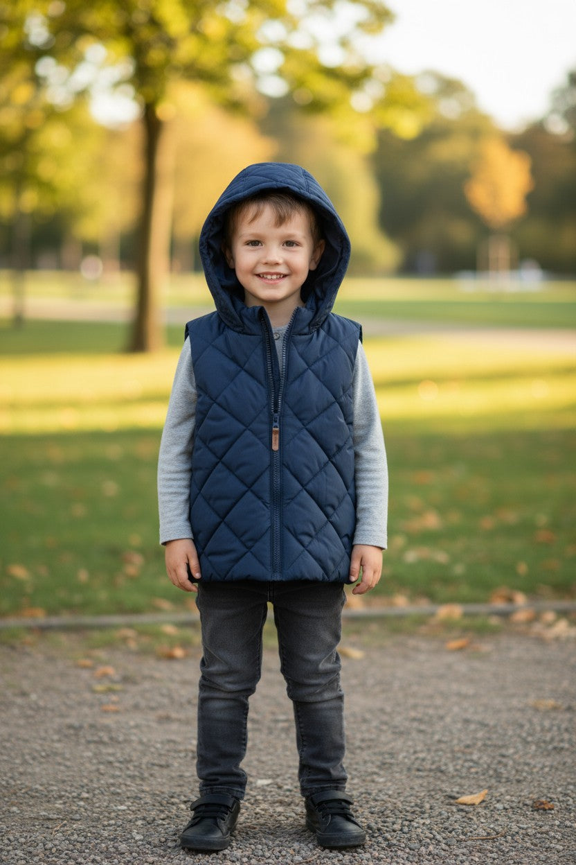 H&M Kids Quilted Hooded Vest – Navy Blue Puffer Sleeveless Jacket (Size 4Y)