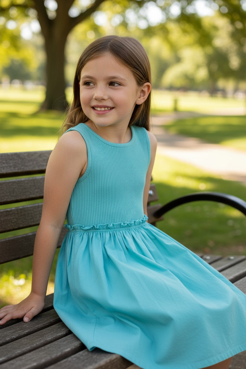 Thereabouts Girls Sleeveless Dress – Teal Ribbed Bodice & Flared Skirt – Size 4-5Y (XXS)