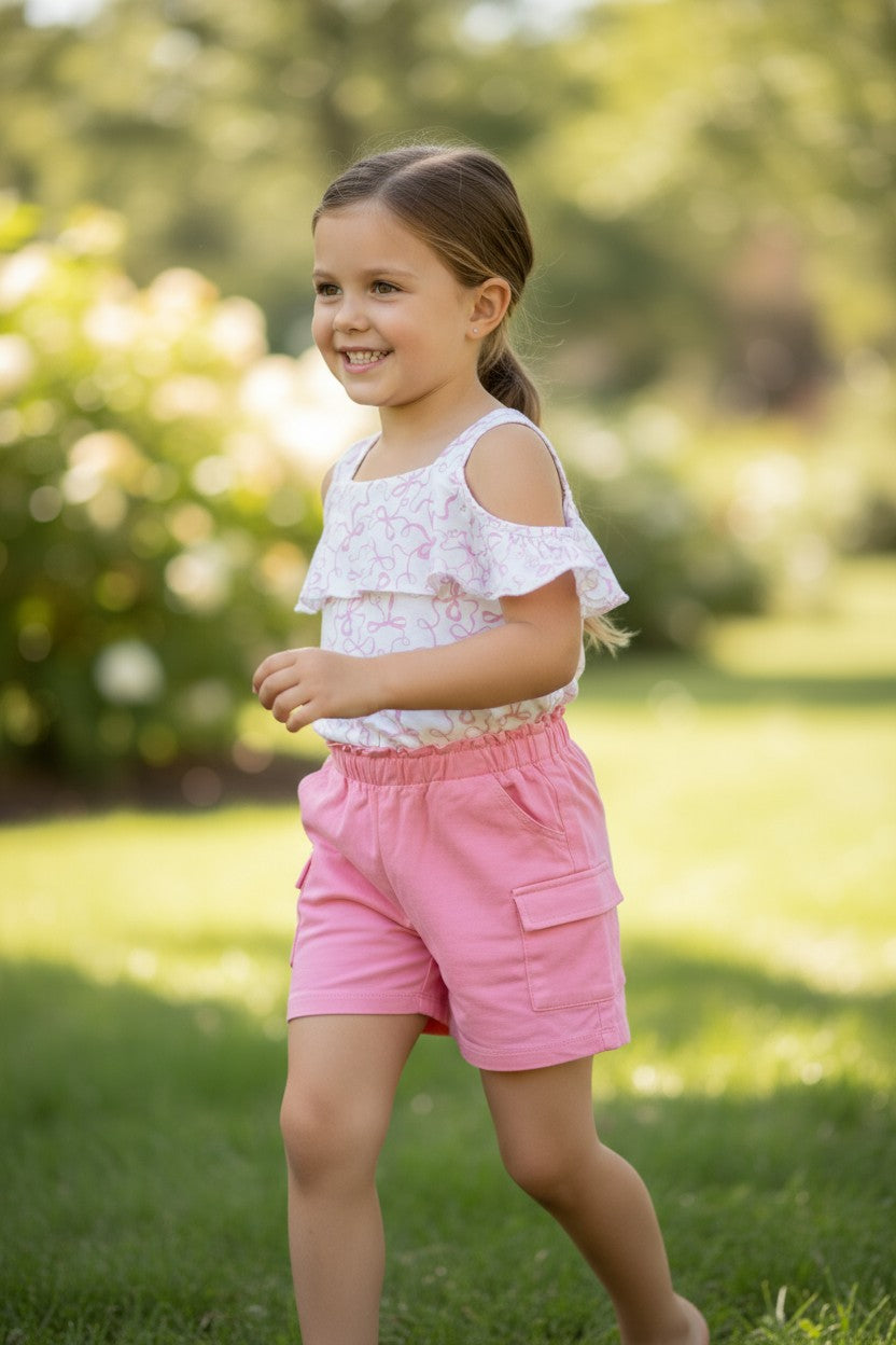 Little Lass Girls 2-Piece Outfit Set – Pink Bow Top & Cargo Shorts – Size 5Y
