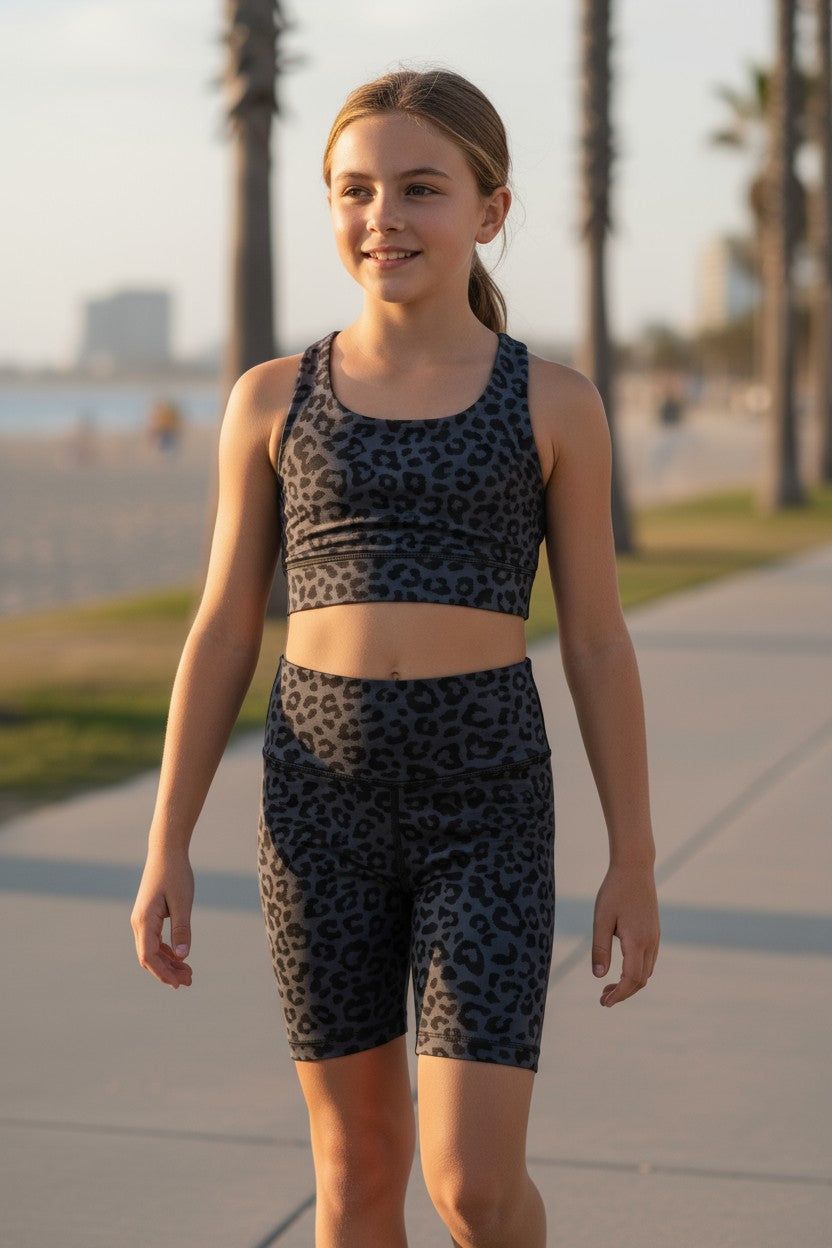 Yogalicious Girls 2-Piece Leopard Active Set – Black & Gray Sports Bra + Biker Shorts (Size 12Y / L)