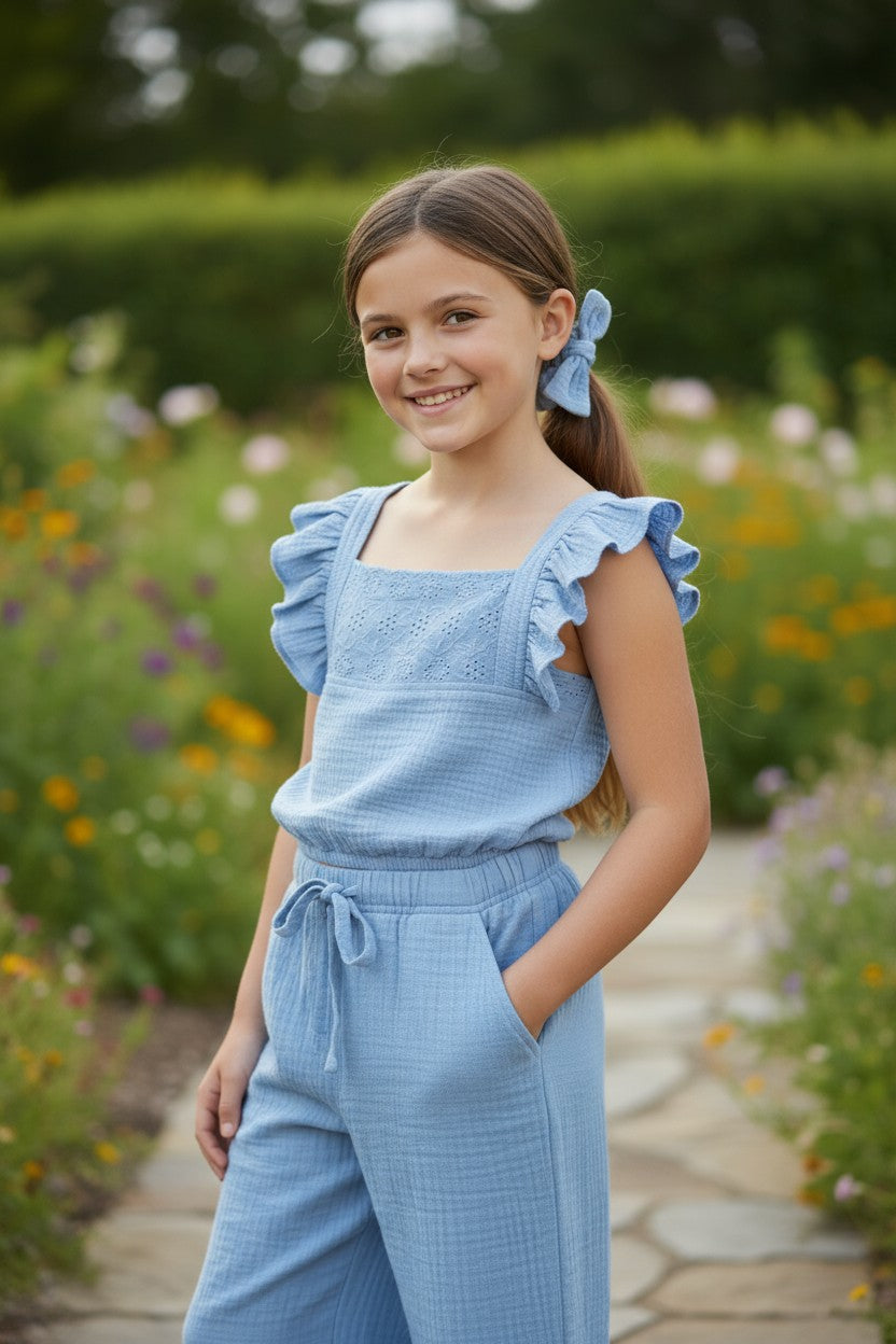 Bearpaw 2-Piece Girls Blue Eyelet Top & Cotton Pants Set (5/6 Years)