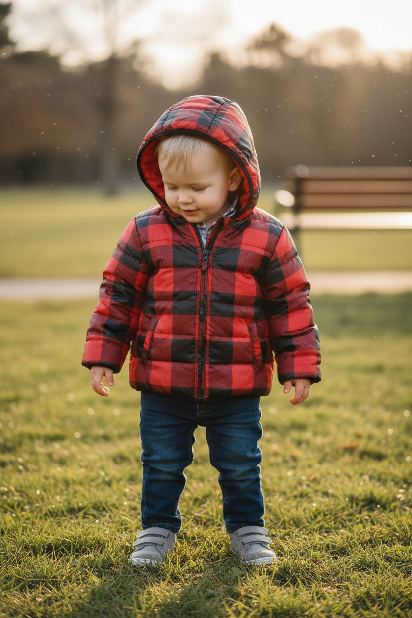 Epic Threads Toddler Boys’ Puffer Jacket – Red & Black Buffalo Plaid Hooded Coat (Size 3T)