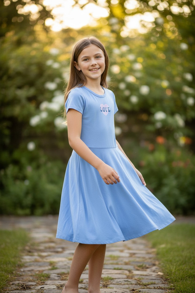 Jenna & Jessie 2-Piece Girls Dress Set – Blue Heart Print & “LOVE” Graphic Dresses (6X)