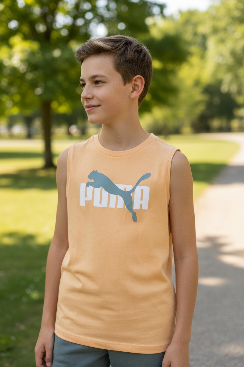 PUMA Boys 3-Piece Outfit Set – Size 8 (S) | Gray Tee, Yellow Tank & Green Shorts Without Pockets