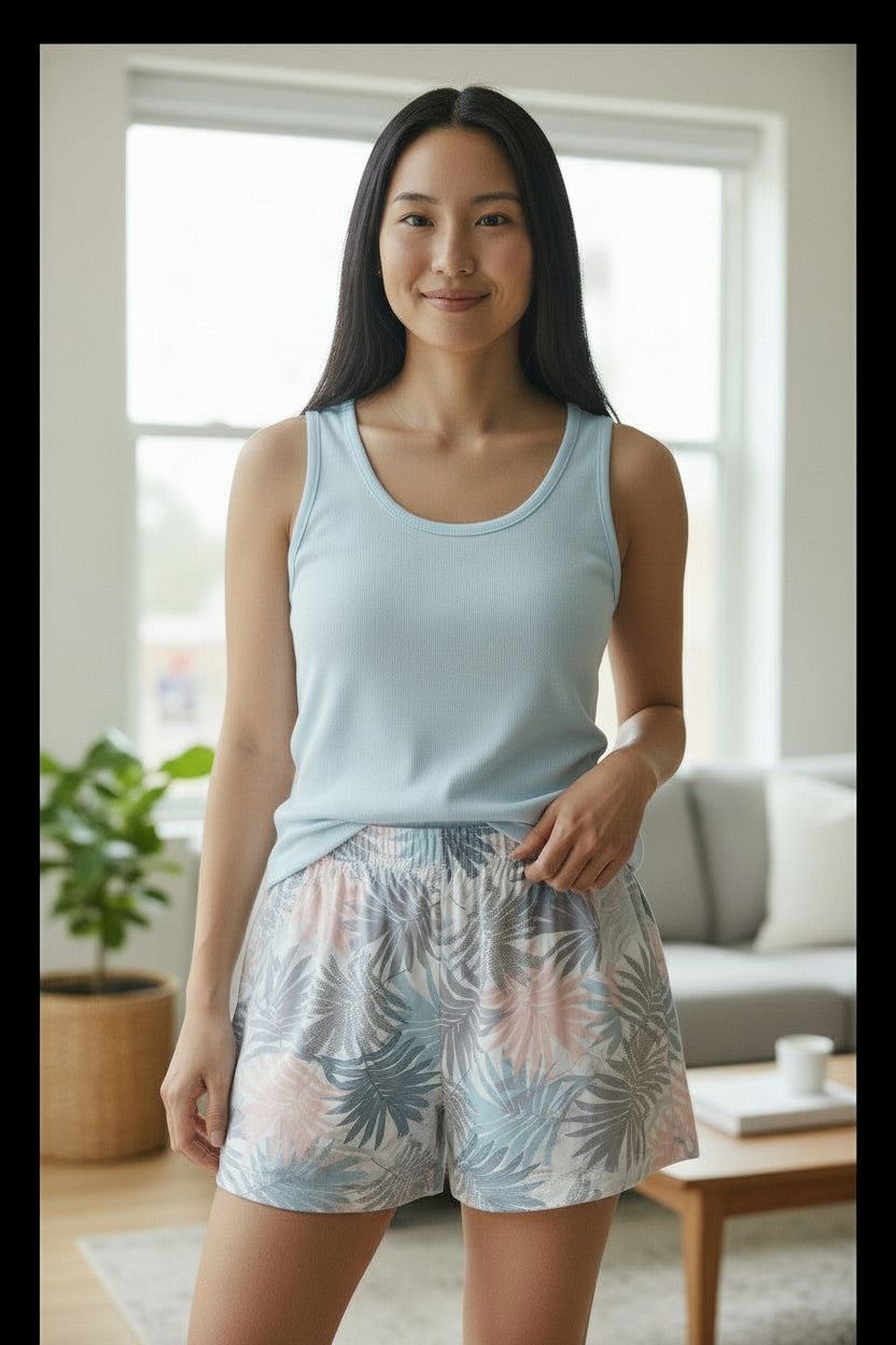 Fabulous Just Like You 3-Piece Women’s Lounge Set – Tropical Leaf Print Pants, Shorts & Tank Top (Size S/P)