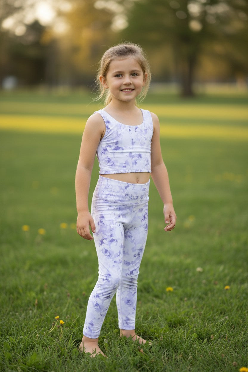 Yogalicious Girls 2-Piece Activewear Set – Lavender Floral Crop Top & Leggings (Size 12Y / L)