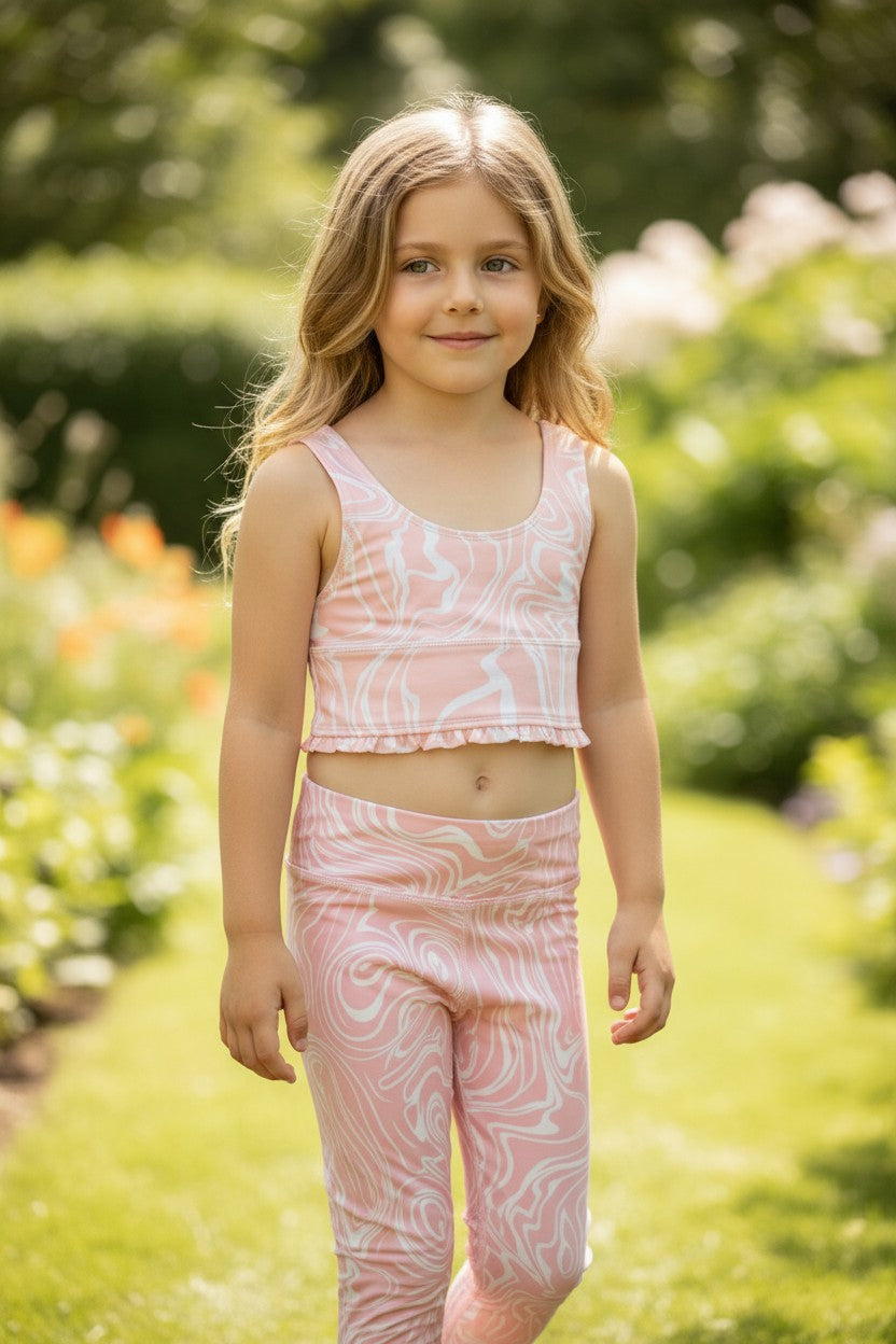 Yogalicious Girls 2-Piece Active Set – Peach Swirl Crop Top & Leggings (Size 7/8)