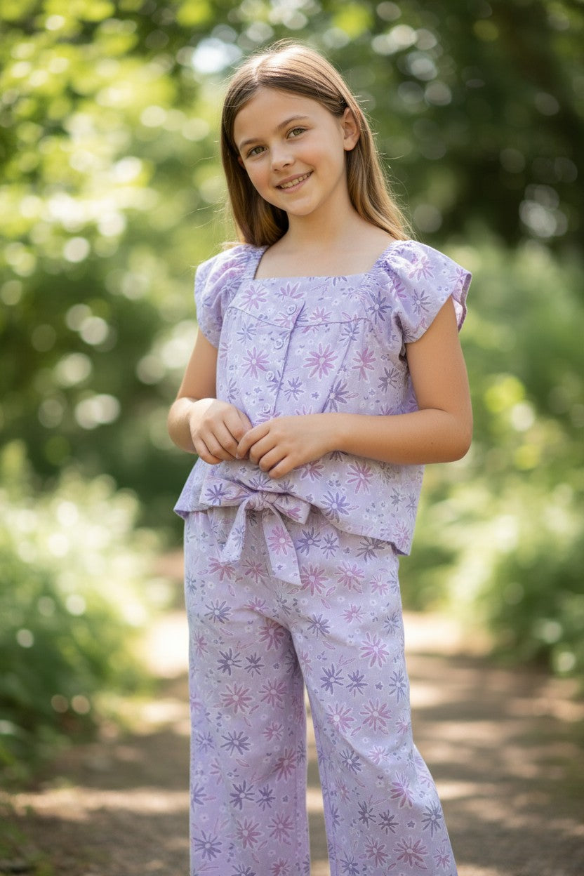 Btween 2-Piece Girls Outfit – Lavender Floral Top & Matching Pants Set (4 Years)