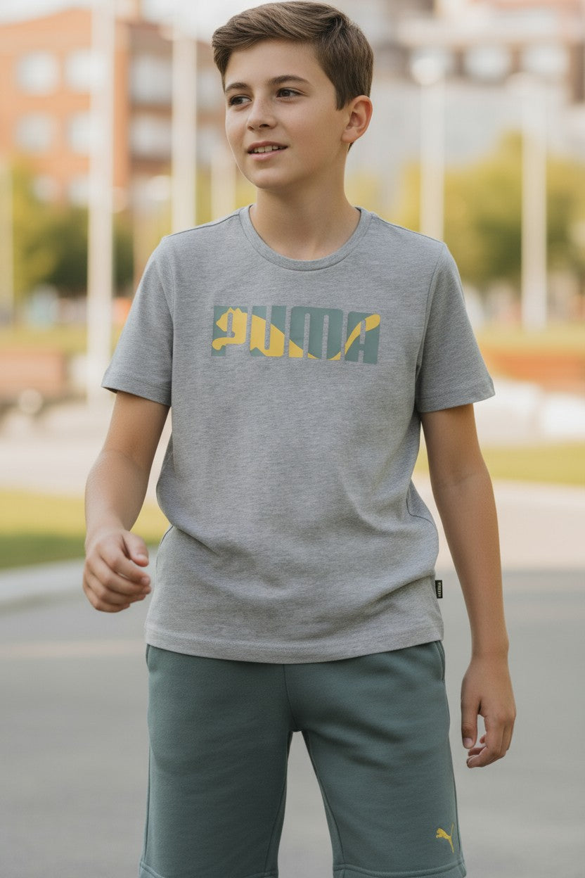 PUMA Boys 3-Piece Outfit Set – Size 8 (S) | Gray Tee, Yellow Tank & Green Shorts Without Pockets