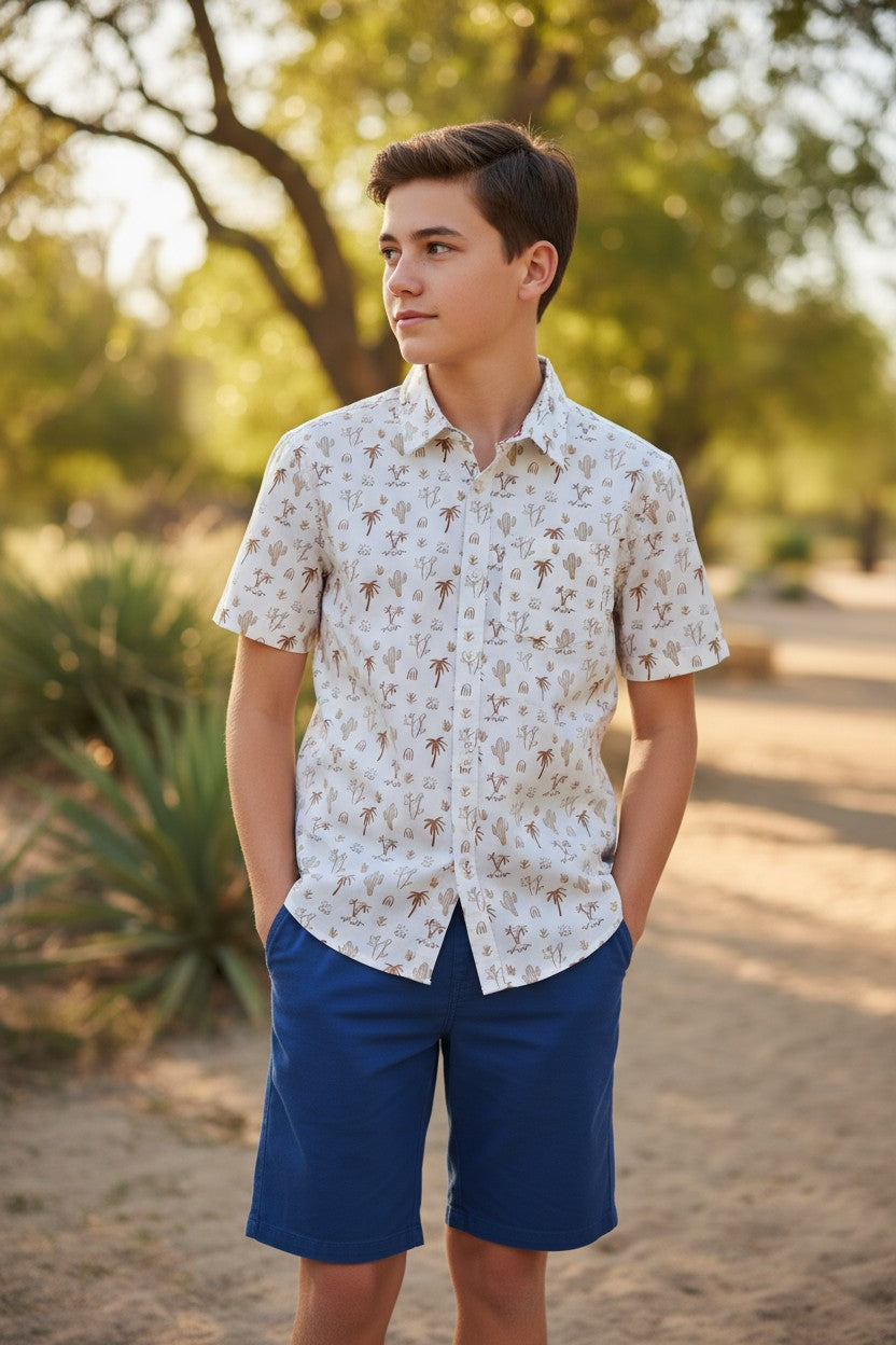 Retro Stitch Boys’ 2-Piece Outfit Set – Printed Shirt & Shorts (10Y)