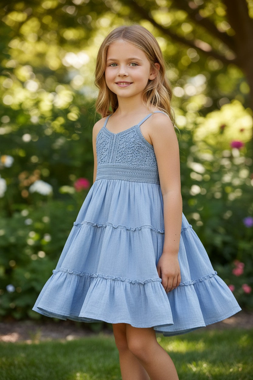 Rare Editions Blue Lace Tiered Dress – Girls Size 16 | Summer Sleeveless Bow-Back Dress