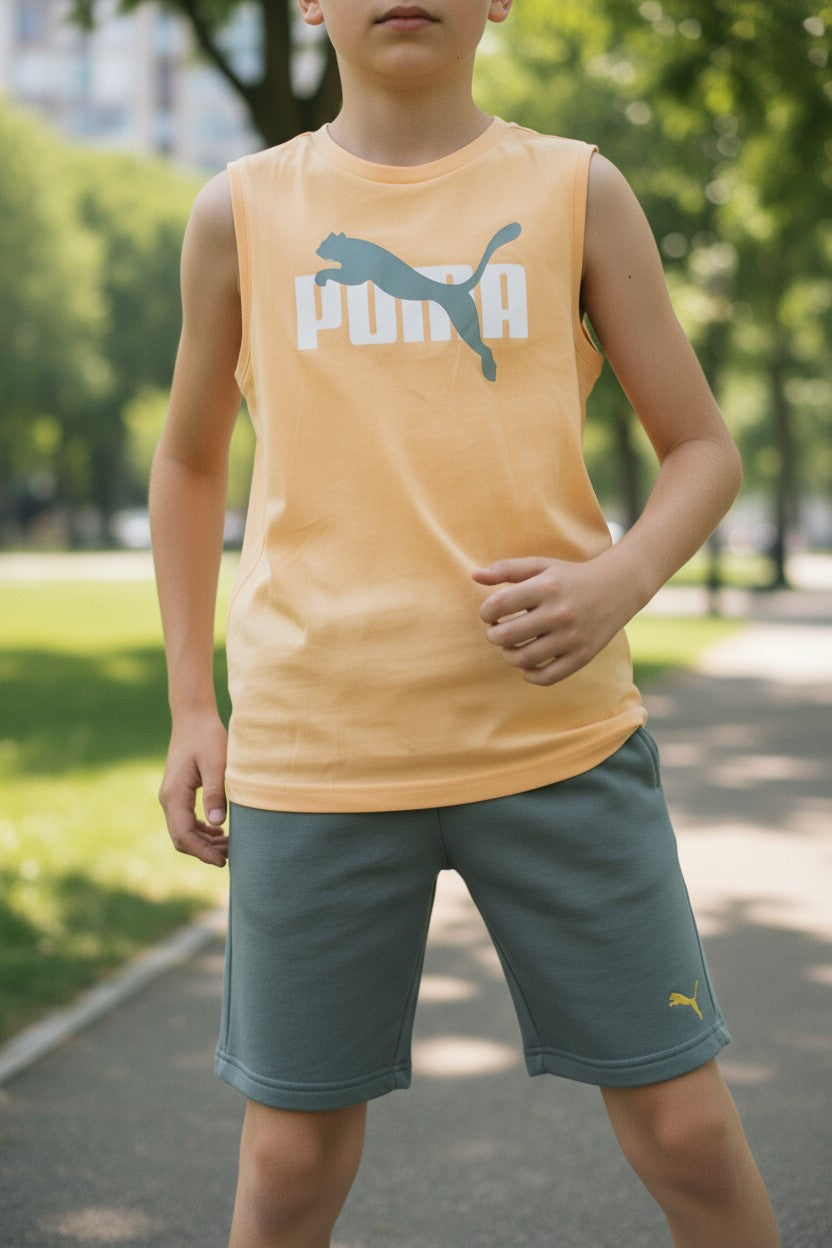 PUMA Boys 3-Piece Outfit Set – Size 8 (S) | Gray Tee, Yellow Tank & Green Shorts Without Pockets