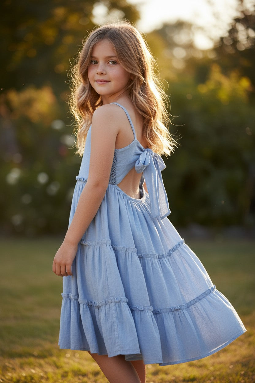 Rare Editions Blue Lace Tiered Dress – Girls Size 16 | Summer Sleeveless Bow-Back Dress