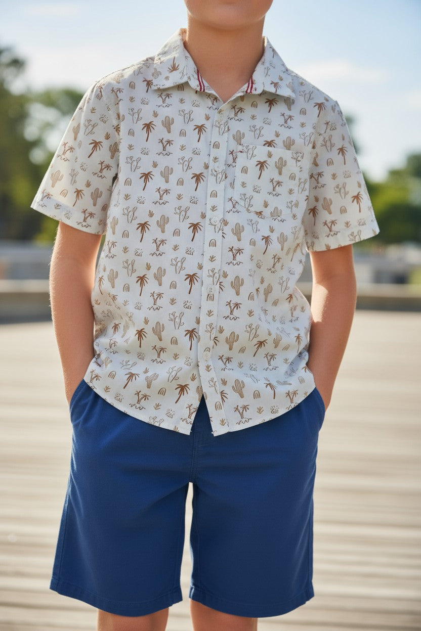 Retro Stitch Boys’ 2-Piece Outfit Set – Printed Shirt & Shorts (10Y)