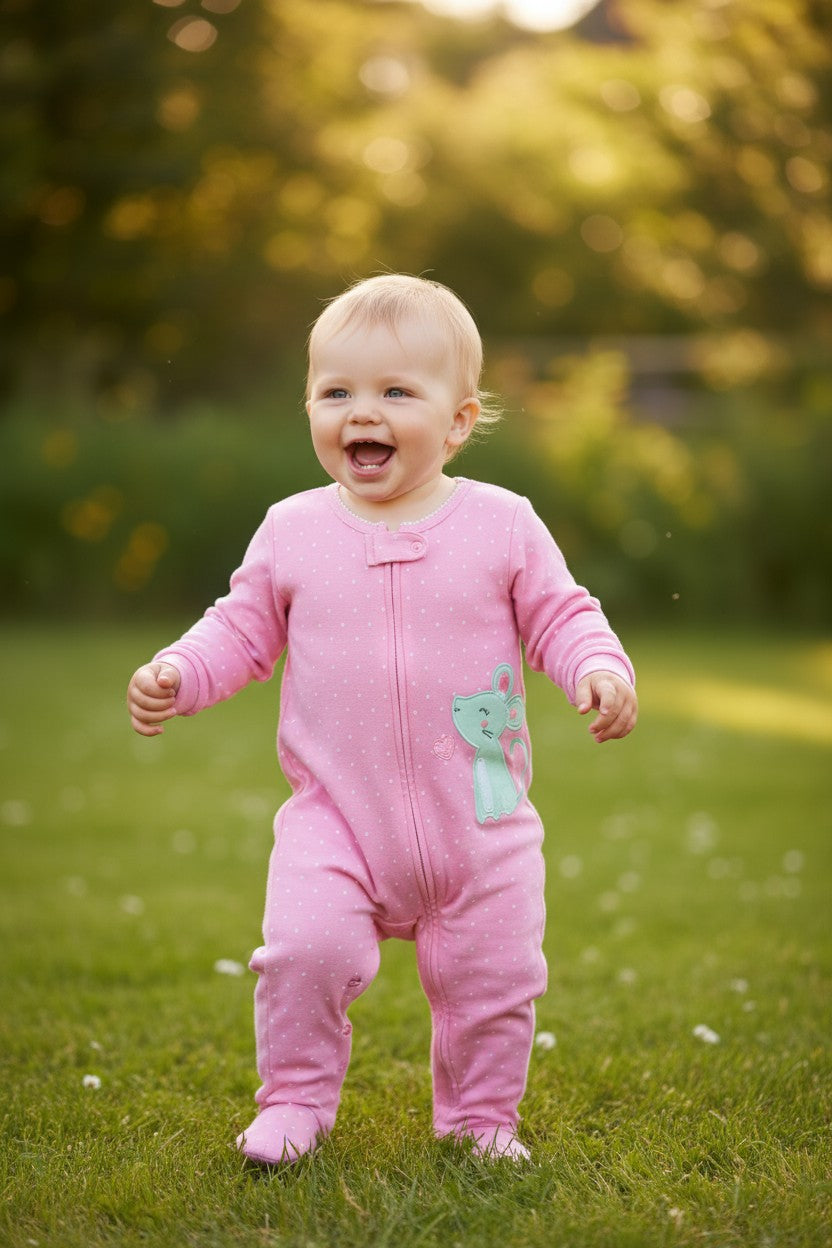 Carter’s Baby Girl Footed Sleeper – 6 Months (Pink Mouse Appliqué)