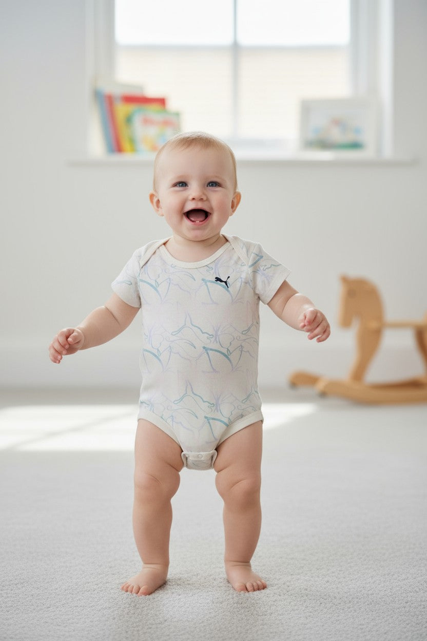 PUMA Baby Unisex Short Sleeve Bodysuit – 12 Months (Abstract Print)