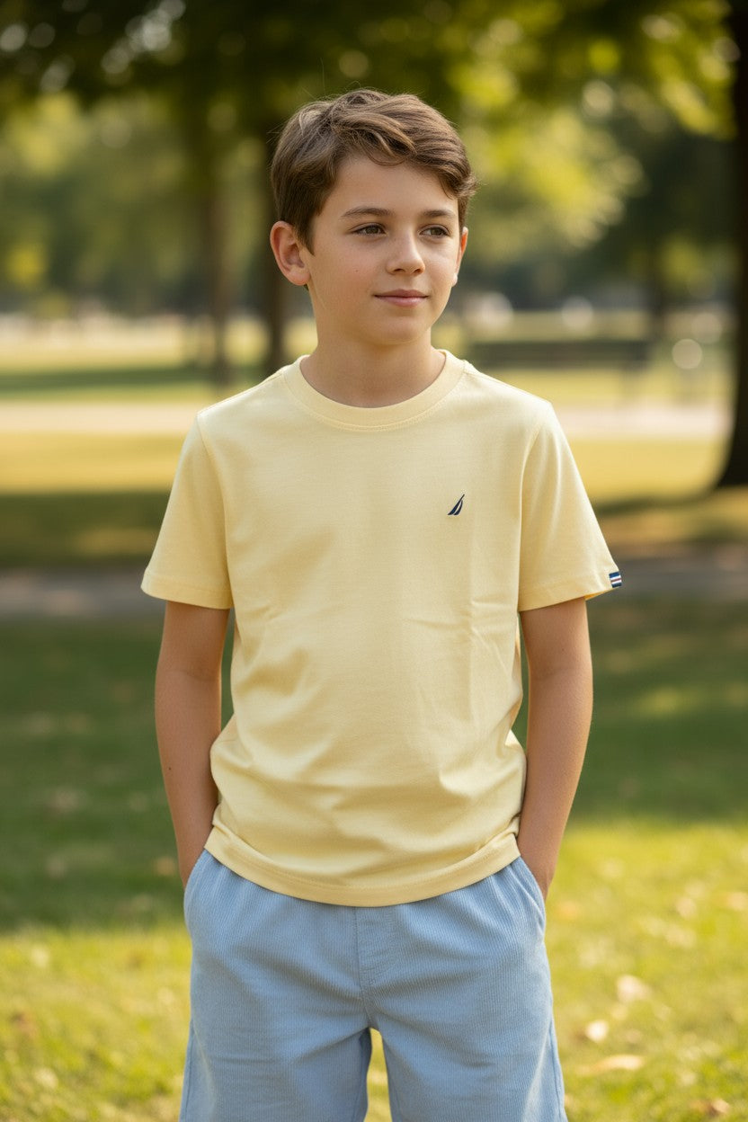 Nautica Boys 3-Piece Set (6Y) – Yellow Tee, Striped Shirt & Blue Shorts