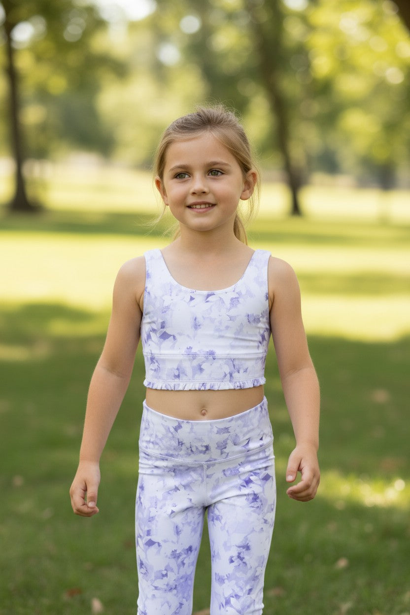 Yogalicious Girls 2-Piece Activewear Set – Lavender Floral Crop Top & Leggings (Size 12Y / L)