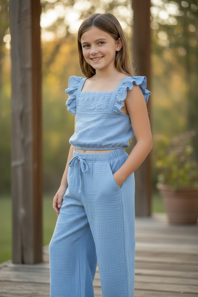 Bearpaw 2-Piece Girls Blue Eyelet Top & Cotton Pants Set (5/6 Years)