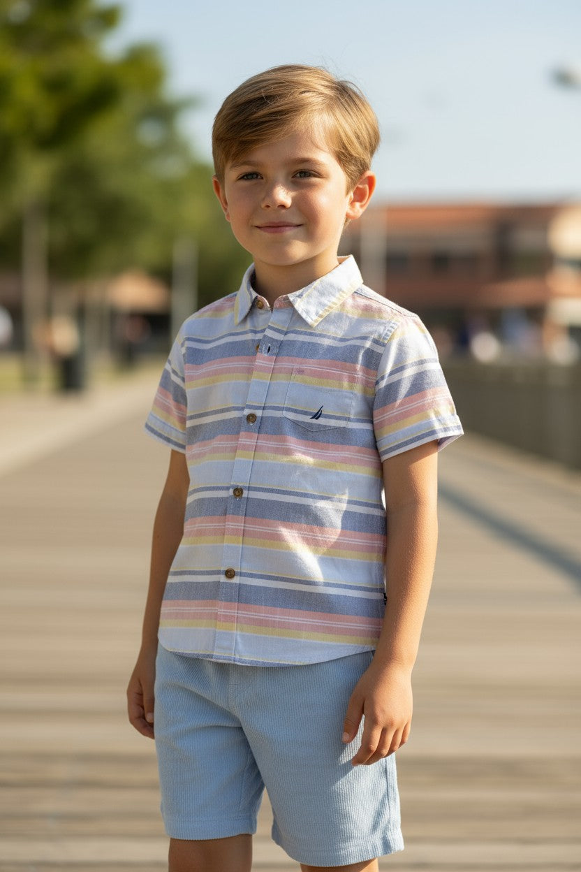 Nautica Boys 3-Piece Set (6Y) – Yellow Tee, Striped Shirt & Blue Shorts