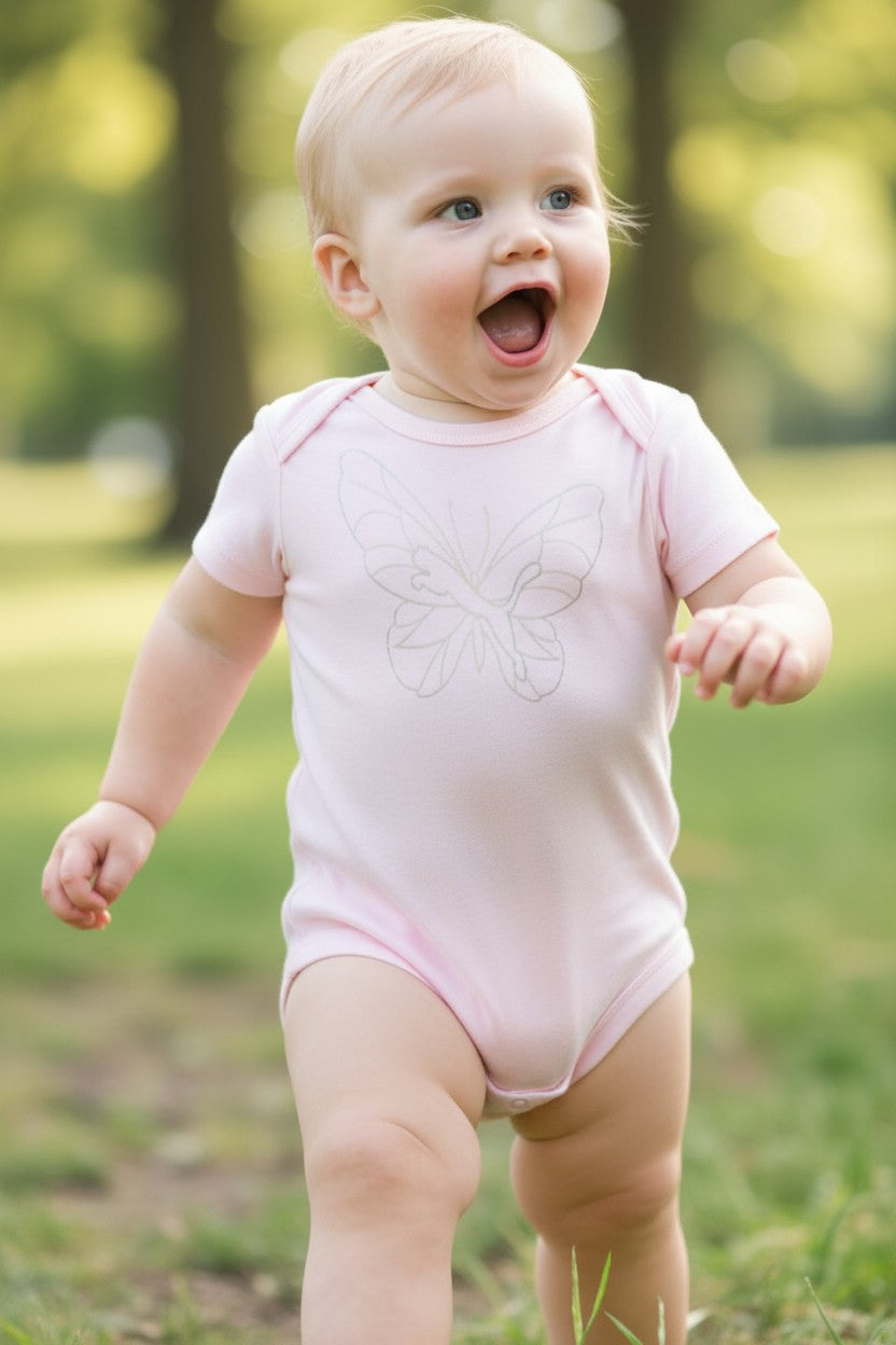 PUMA Baby Girl Short Sleeve Bodysuit – 12 Months (Pink Butterfly Logo)