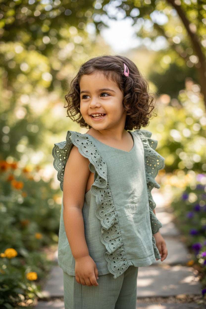 Btween Girls 2-Piece Outfit Set – Size 5Y | Green Eyelet Ruffle Top & Matching Pants