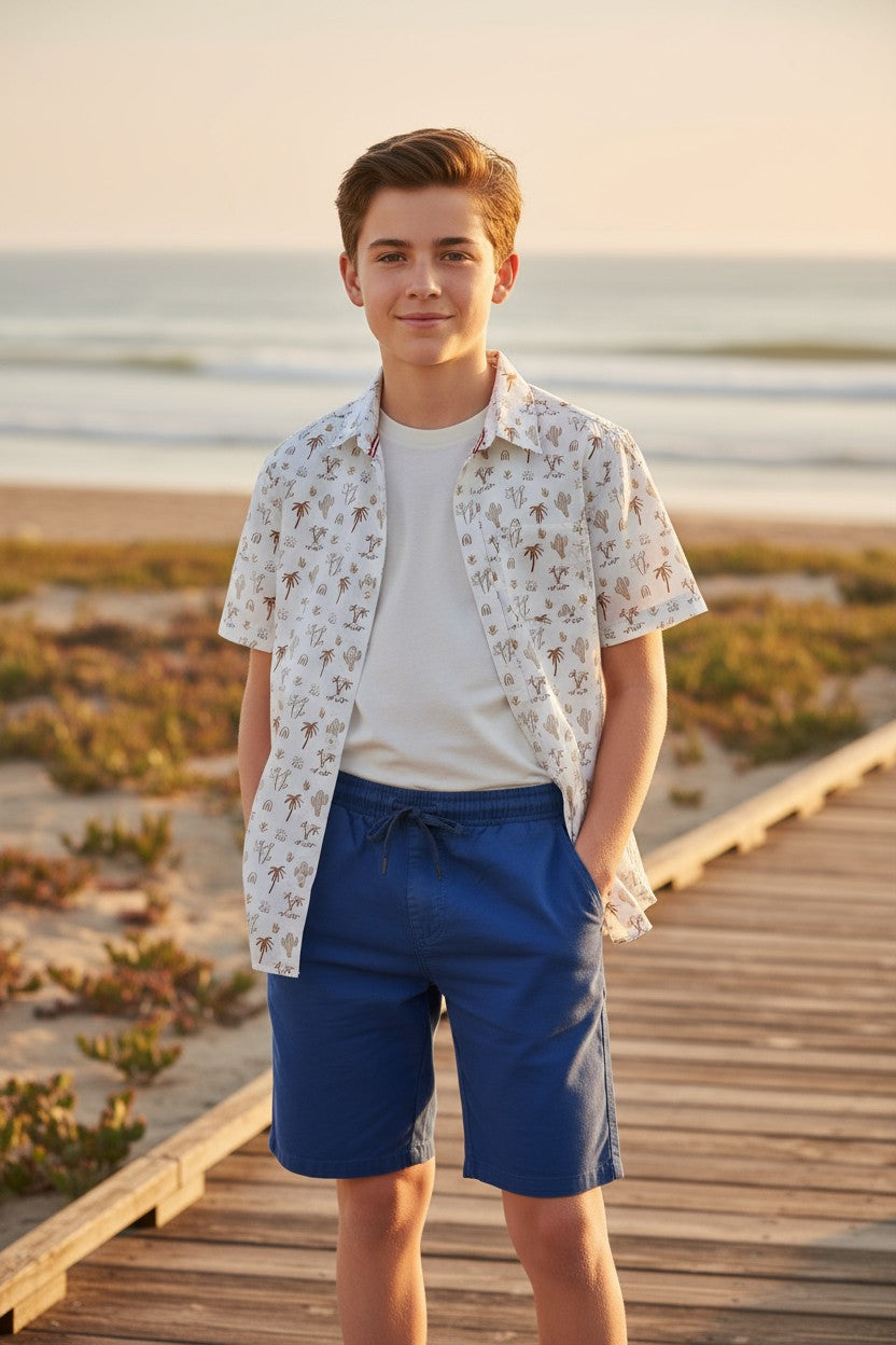 Retro Stitch Boys’ 2-Piece Outfit Set – Printed Shirt & Shorts (10Y)