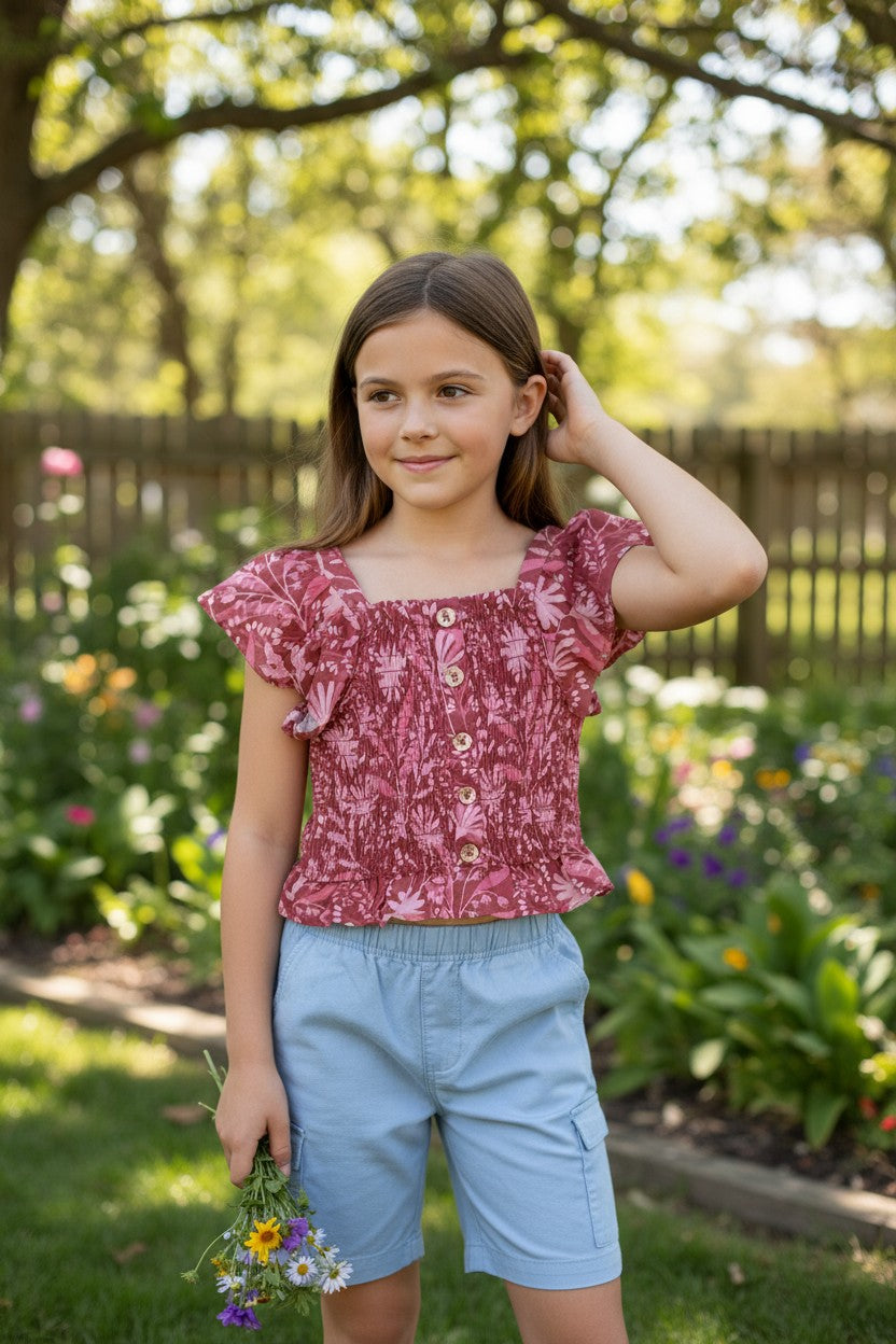 Vince Camuto Kids 2-Piece Set – Red Floral Smocked Top & Blue Cargo Pants (5 Years)