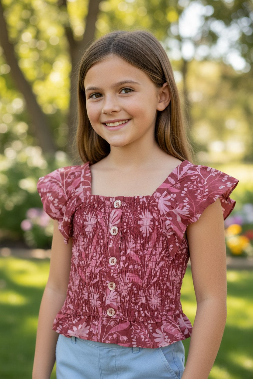 Vince Camuto Kids 2-Piece Set – Red Floral Smocked Top & Blue Cargo Pants (5 Years)