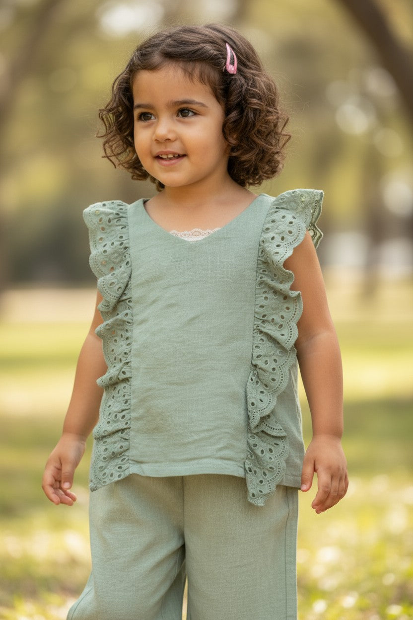 Btween Girls 2-Piece Outfit Set – Size 5Y | Green Eyelet Ruffle Top & Matching Pants